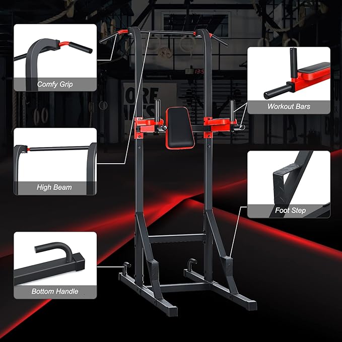GYMAX Multi-function Power Tower, Heavy-duty Pull Up Bar Stand for Pull-ups, Push-ups, Vertical Knee, Leg Raises, Dip Stand, Strength Training, Workout Dip Station for Home, Gym, Fitness Equipment-StrideForce Fitness