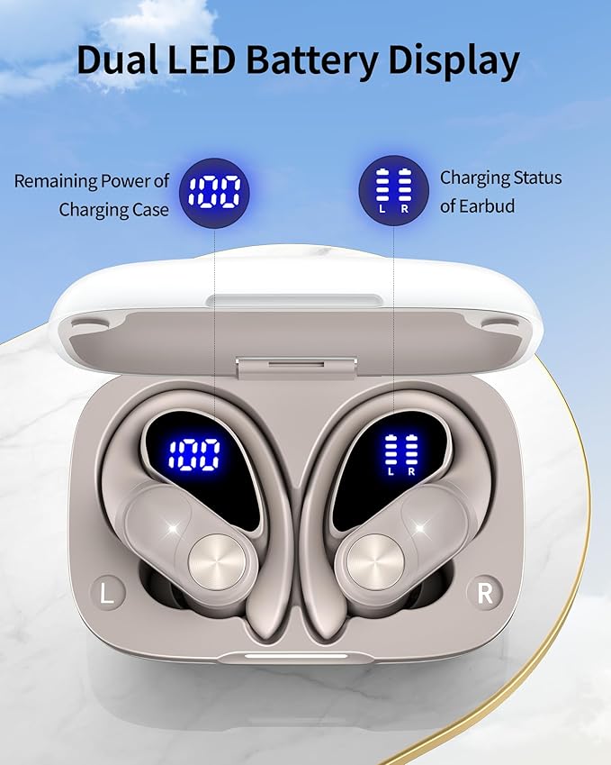 PocBuds Bluetooth Headphones Wireless Earbuds 80hrs Playtime Wireless Charging Case Digital Display Sport Ear Buds with Earhook Deep Bass IPX7 Waterproof Over-Ear Earphones for Phone Laptop Beige-StrideForce Fitness