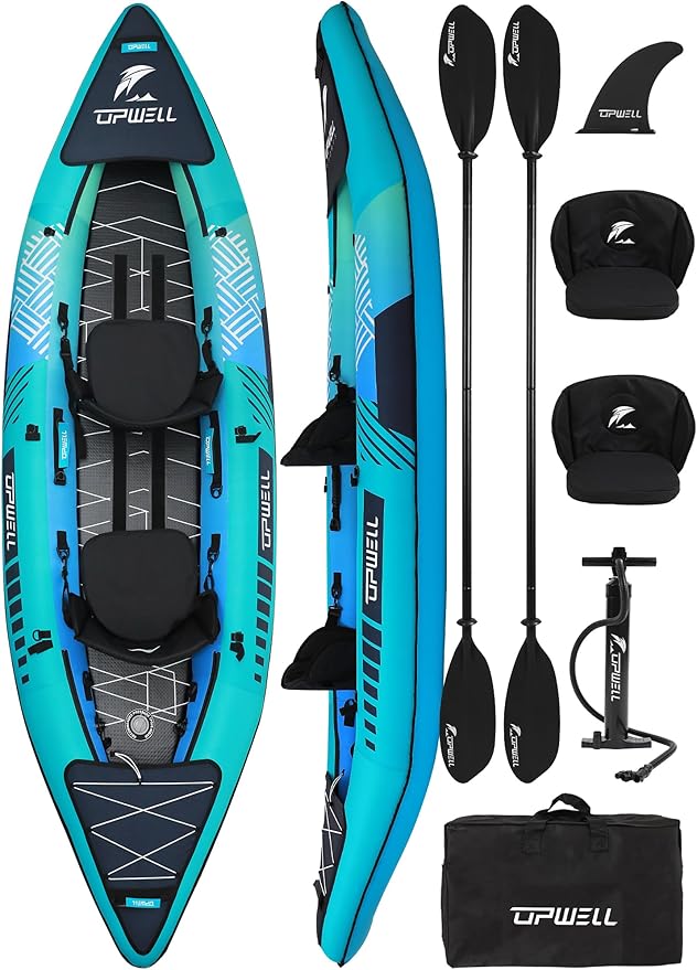 UPWELL 11'/14'6”Inflatable Kayak with Drop Stitch Floor and Accessories Including Kayak Seat with Thickened Cushion, Paddle, Fin, Repair Kits, Carry Bag and Hand Pump-StrideForce Fitness