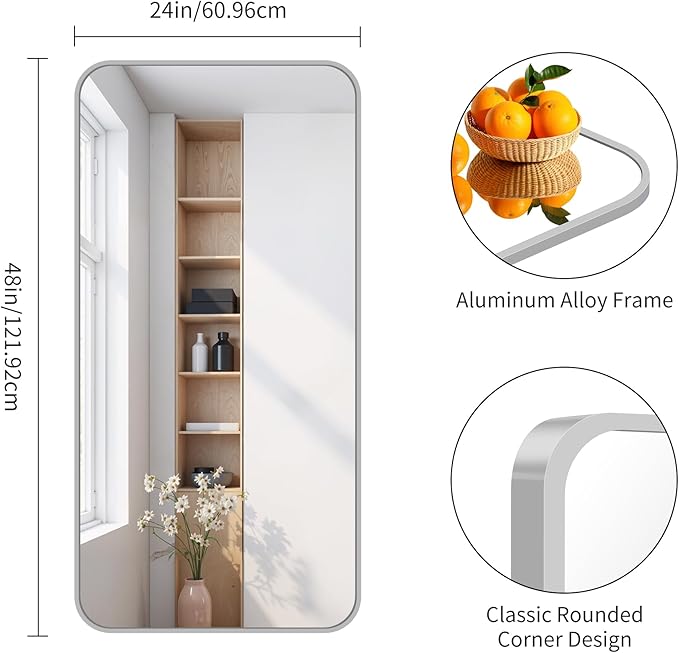 FORBATH 24x48 Inch Silver Bathroom Mirror for Over Sink, Narrow Rectangular Full Length Mirror with Metal Frame, Rounded Corners for Bathroom, Bedroom, Entryway Decor (Horizontal or Vertical)-StrideForce Fitness