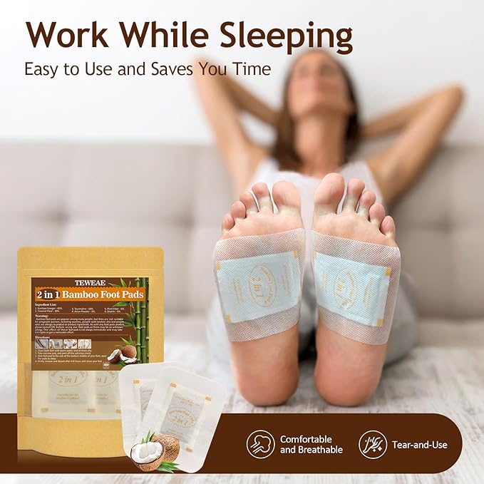 2 in 1 Foot Pads, 24Pads Bamboo Vinegar Coconut Shell Powder Feet Pads with ''Stay in Place'' Bigger Adhesive Sheet-StrideForce Fitness