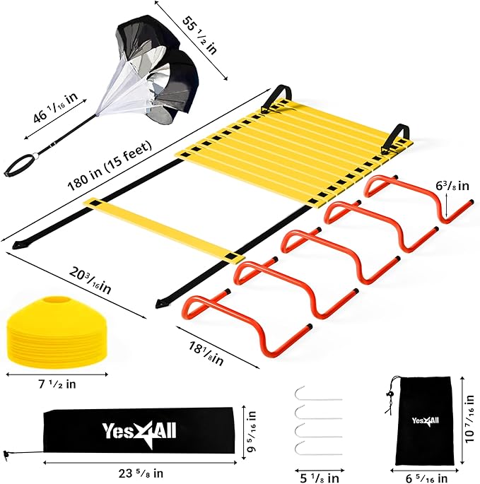 Yes4All Agility Ladder Speed Training Equipment Set - 1 Adjustable Agility Ladder, 12 Soccer Cones, 5 Hurdles, Jump Rope, Running Parachute - Speed & Agility Training Equipment for All Ages-StrideForce Fitness