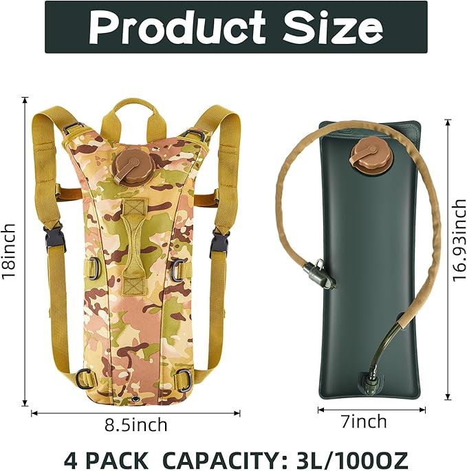 4 Pack Tactical Hydration Backpack with 3L Water Bladder Military Daypack Water Backpack Lightweight Hydration Back Pack for Running Cycling Climbing Hiking for Men Women-StrideForce Fitness