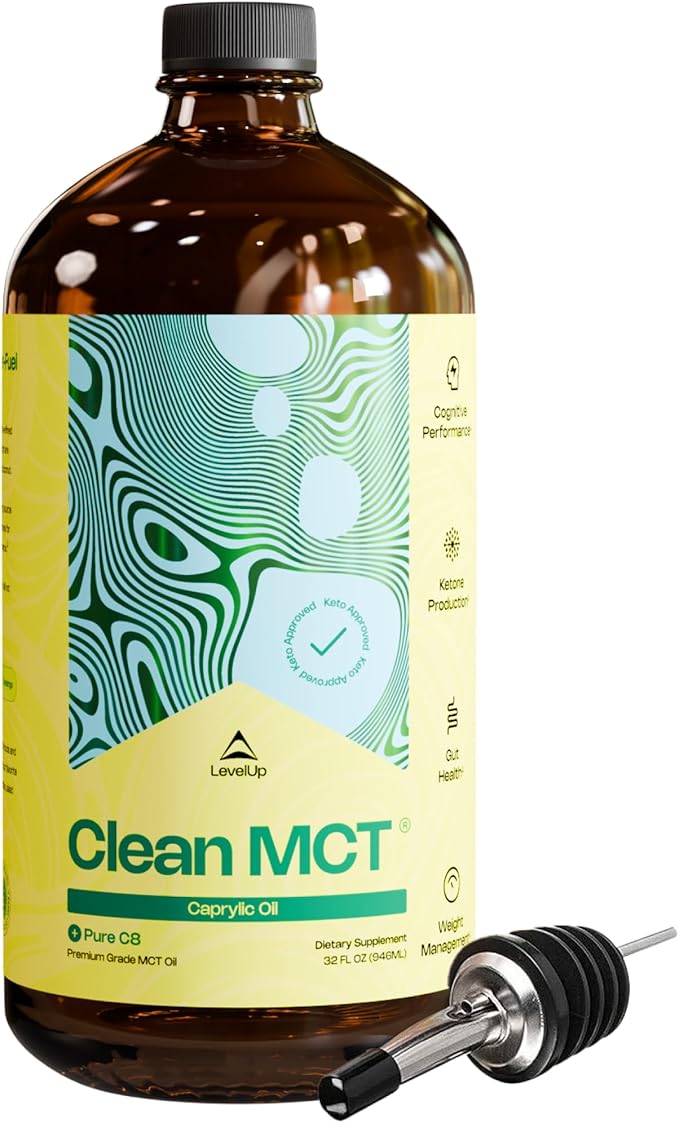 LevelUp Clean MCT Oil - 100% Caprylic C8 for Energy, Focus, Gut Health, Brain Superfuel - Keto Supplement for Ketogenic Coffee and Ketones - Non-GMO (32 oz Glass Bottle)-StrideForce Fitness