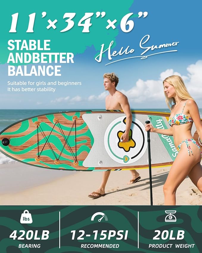 11'Stand Up Paddle Boards Surf Control with Premium SUP Board Accessories Backpack & Removable Fins, 34" Wide Inflatable Paddle Boards of All Skill Levels-StrideForce Fitness