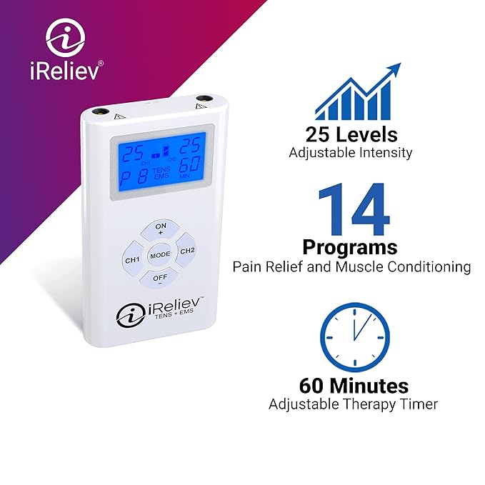 iReliev TENS + EMS Combination Unit Muscle Stimulator for Pain Relief, Arthritis, Muscle Strength - Treats Tired, Sore Muscles in Your Shoulders, Back, Ab's, Legs, Knee's, More-StrideForce Fitness