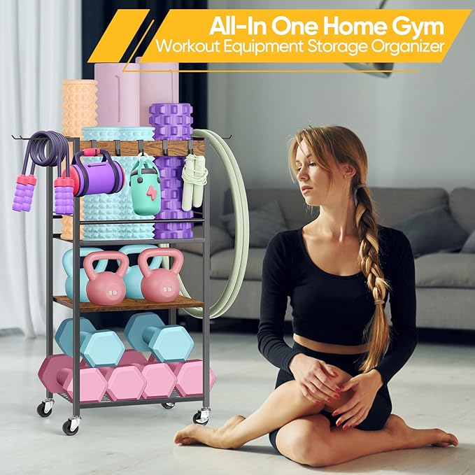 Home Gym Storage Rack, Heavy Duty Yoga Mat Holder Workout Equipment Storage Organizer Weight Rack with Hooks & Wheels for Dumbbells Kettlebells Dumbbell Yoga Block Foam Rollers Yoga Strap Resistance Bands, Fitness Exercise Equipment-StrideForce Fitness