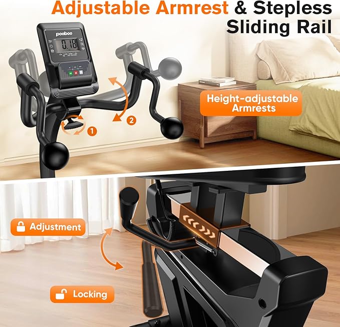 pooboo Recumbent Exercise Bike, Stationary Bikes for Home with Arm Exerciser, Magnetic Recumbent Bike with Ergonomic Backrest & Comfortable Seat, Smart APP, Pulse Sensor, 400LBS Weight Capacity-StrideForce Fitness