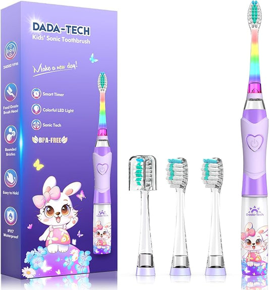 Kids Electric Toothbrush with Timer Toddler Toothbrush Age 2-4-8-12 Girls Electric Toothbrush Rainbow LED Light Up Vibrating Toothbrush Battery Operated Childrens Sonic Tooth Brush (Rabbit Purple)