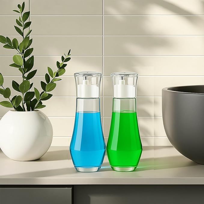 Tokusatsu Mouthwash Dispenser for Bathroom, 8.8 oz Clear Glass Refillable Mouthwash Container Bottle with Lid Cup for Countertop, 1 Pack