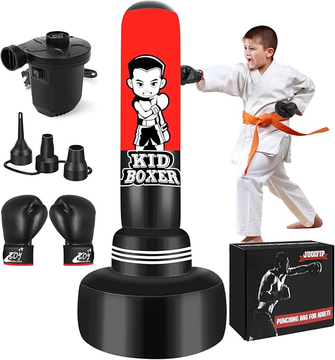 Punching Bag for Kids Set 65" Large Three-Tier Design Stable, Inflatable Boxing Bag Set Toy with Boxing Gloves and Electric Air Pump, Kid Standing Bag for Boys Girls Age 3-15 Training Karate..-StrideForce Fitness