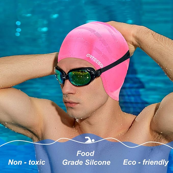 Swimming Cap, Silicone Swim Cap for Women Men, Durable Non-Slip Waterproof Swim Cap Protect Ears, Long Hair for Adults, Older Kids-StrideForce Fitness
