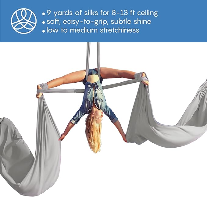 Aerial Silks Starter Kit - Durable 9 Yards of Aerial Yoga Hammock with Hardware & Guide - Aerial Swing for Acrobatic Flying Yoga & All Levels (Aerial Rigging Point Up to 13ft)-StrideForce Fitness