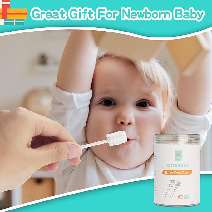 Baby Tongue Cleaner Toothbrush 30Pcs Disposable Infant Tooth Brush Clean with 2Pcs Finger Toothbrush Baby Oral Cleaning Stick Gauze Cleaner Stick Dental (Grey, 30 Piece Assortment)