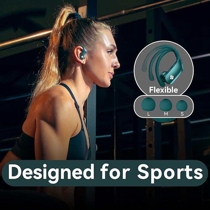 bmani Ear Buds Wireless Earbuds Bluetooth Headphones with 80H Playtime LED Display Case, Over-Ear Hook with Mic, Stereo Sound, Easy Button Controls, Sports Earphones for Running Workout Gym Green-StrideForce Fitness