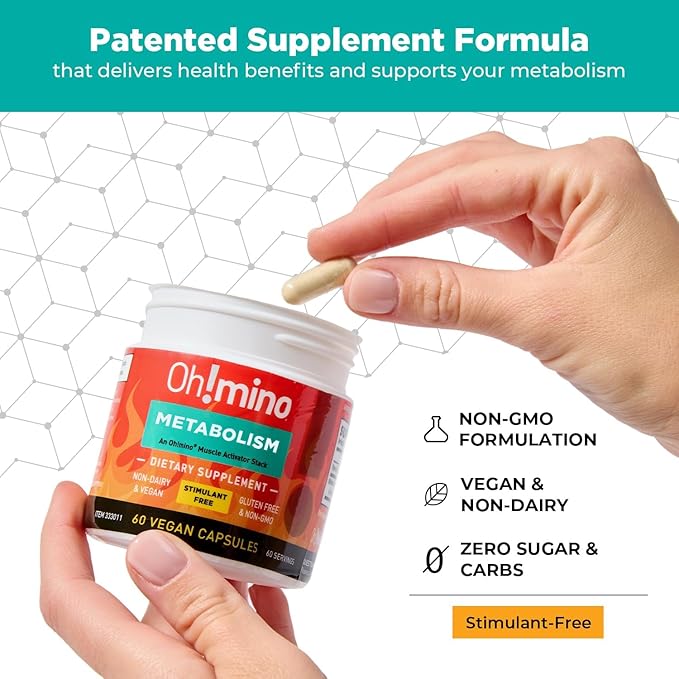 Oh!mino Metabolism Support Supplement for Efficient Fat to Energy Conversion w/L-Carnitine, Phenylcapsaicin, & Vitamin B3 - Non-Jitters, Stimulant-Free, Vegan, Non-Dairy Capsules (60 Servings)-StrideForce Fitness