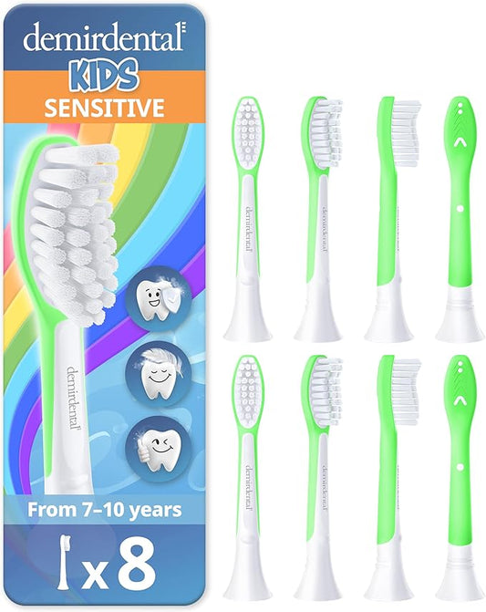 demirdental Kids Toothbrush Heads Compatible with Philips Sonicare Kids Toothbrush Heads - Replacement Heads Sensitive - Brush Heads from Ages 7 to 10 - Green - Replaces HX6048-8 Pack