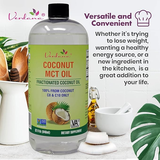 Verdana Food Grade MCT Oil 32 oz – for Keto Coffee, Unflavored Natural Oil Pulling Mouthwash & Massage - 100% Coconut Derived Fractionated Oil – Medium Chain Triglycerides C8 C10 –Non-GMO, Kosher