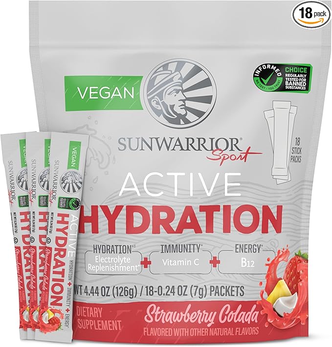 Sunwarrior Hydration Powder Electrolyte Packets Powder | Strawberry Colada Flavored | 18 Stick Packs 126g Pouch | Vegan and Plant-Based Sugar Free | B12 Elderberry and Electrolytes | Active Hydration-StrideForce Fitness
