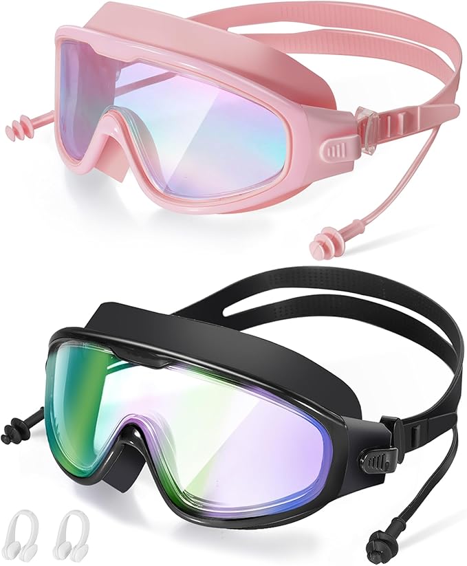 Adult Swimming Goggles,Leak-Proof,Anti-Fog Pool Glasses,Wide View Swim Goggles with Ear Plugs and Nose Clip-StrideForce Fitness