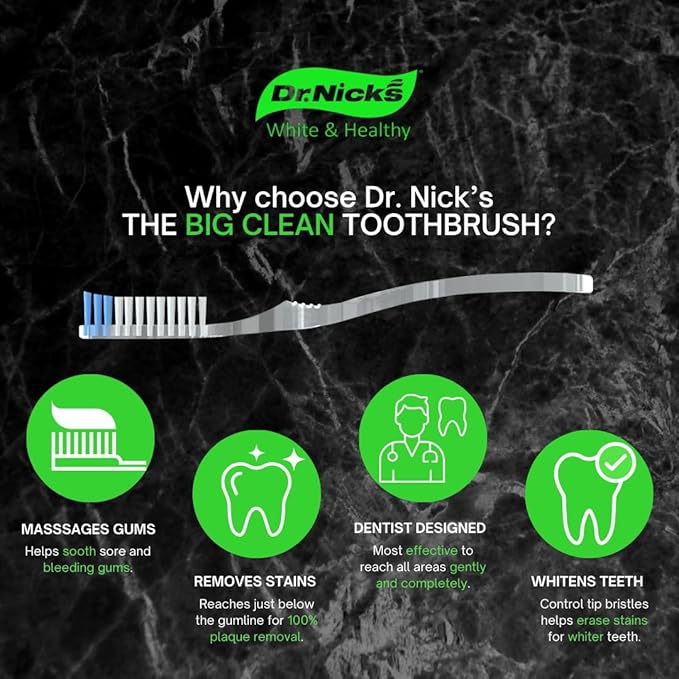Dr. Nick's White and Healthy Tongue Scraper (3 pack) and The Big Clean Large Toothbrush Medium Soft, Dentist Designed for Fresh Breath, Easy to Use Plastic Tongue Cleaner and Toothbrush for Adults