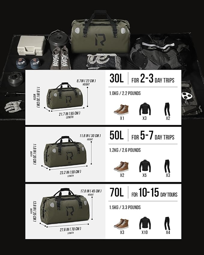 BORLENI Waterproof Motorcycle Dry Duffel Bag Luggage Tail Bag with Large Storage Space,Roll Top Closure, Shoulder Straps, Inner Pocket and Mesh Pocket for Motorcycling Travel Camping (Army Green,30L)-StrideForce Fitness