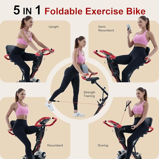 BARWING Stationary Exercise Bike for Home Workout, 5 IN 1 Foldable Indoor Cycling Bike for Seniors, 350LB Capacity, 16-Level Magnetic Resistance, Seat Backrest Adjustments-StrideForce Fitness