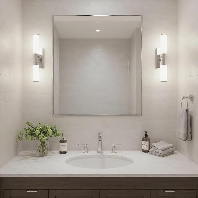 24x30 Inch Nickel Bathroom Mirror for Wall, Aluminum Frame Rectangle Rectangular Vanity Mirror, Modern Large for Bedroom, Living Room, Horizontal or Vertical-StrideForce Fitness