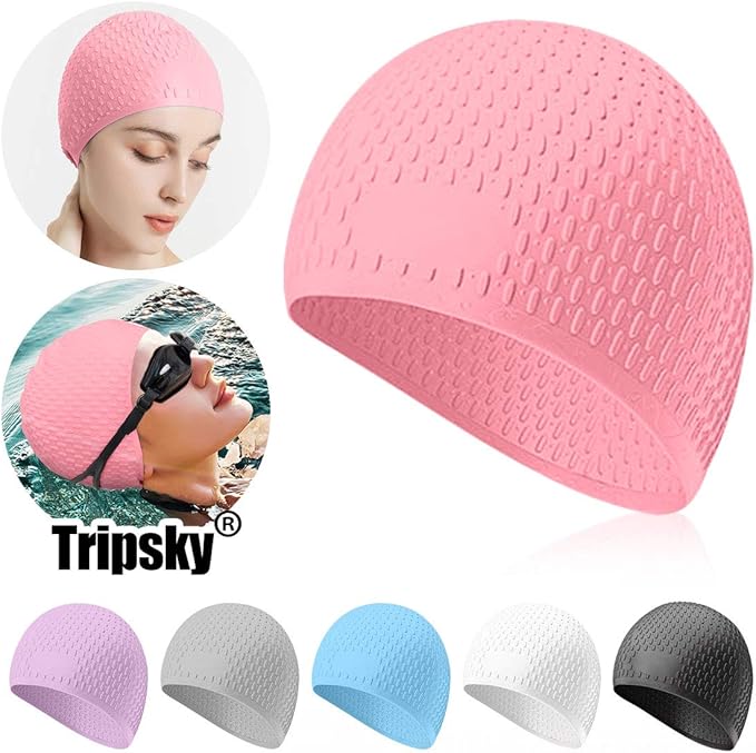 Tripsky Silicone Swim Cap,Comfortable Bathing Cap Ideal for Curly Short Medium Long Hair, Swimming Cap for Women and Men, Shower Caps Keep Hairstyle Unchanged…-StrideForce Fitness