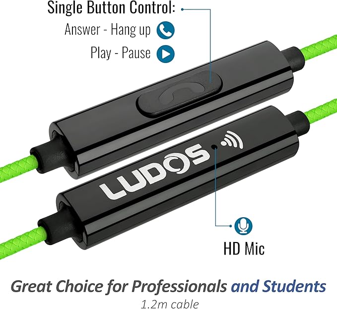 LUDOS Clamor Wired Earbuds in-Ear Headphones, 5 Years Warranty, Earphones with Microphone, Noise Isolating Ear Buds, Memory Foam for iPhone, Samsung, School Students, Kids, Women, Small Ears - Green-StrideForce Fitness