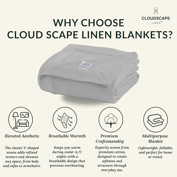 Cloud Scape Linen 100% Cotton Blanket King Size for Bed – Lightweight Summer Blanket, Herringbone Weave,fits California King Size Bed, 92x108,Light Grey-StrideForce Fitness