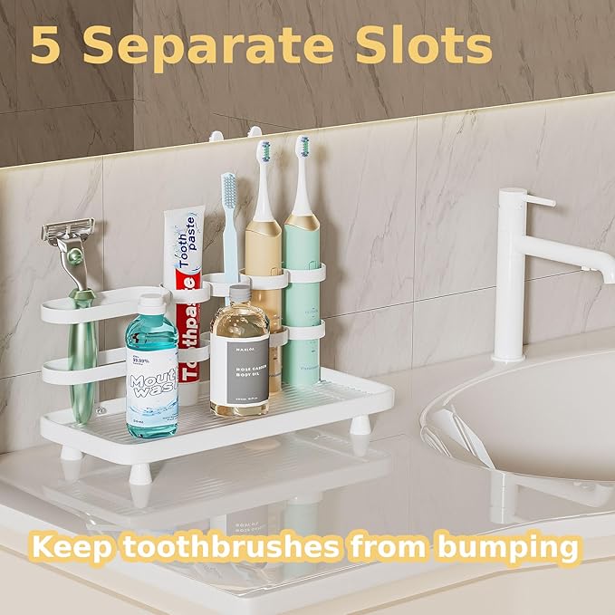Electric Toothbrush Holder for Bathroom Countertop 5 Metal Slots Toothpaste Razor Mouthwash Organizer, White