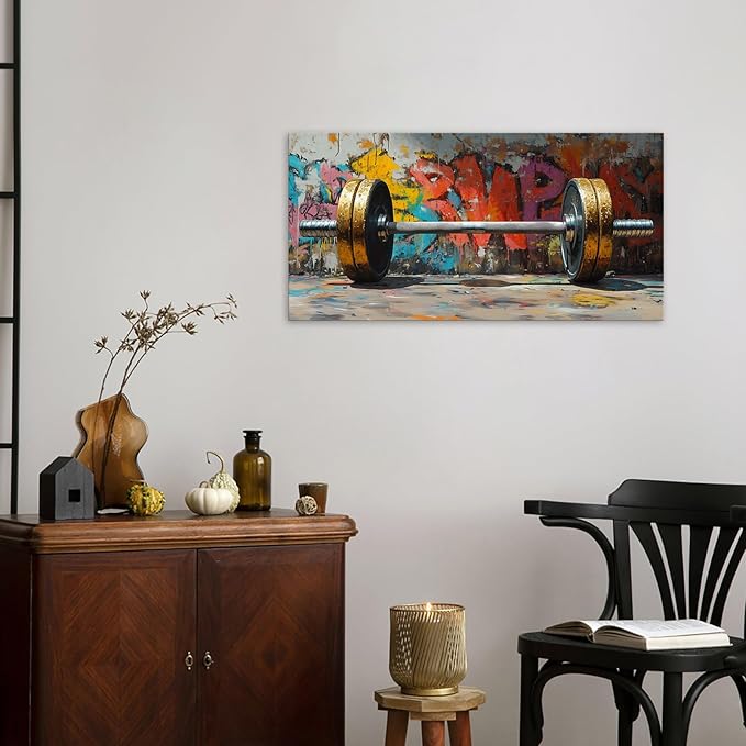 VANSEEING Graffiti Gym Wall Art Canvas Prints Barbell Weightlifting Fitness Picture Sport Motivational Artwork Oil Painting Wall decor for Workout Bedroom Fitness Boys Room 40x20 inch-StrideForce Fitness