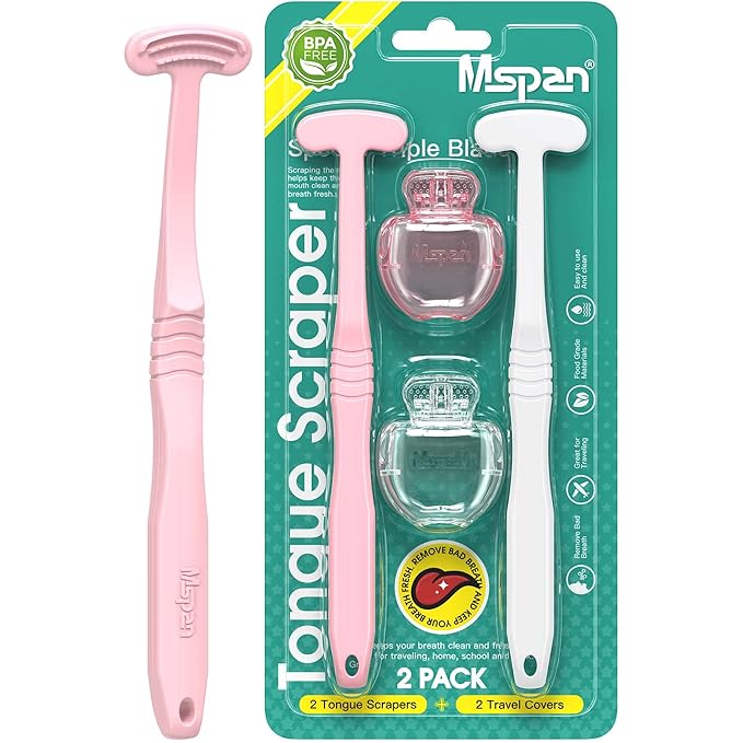 Mspan Tongue Scraper Cleaner Brush: Tongue Care Cleaning Scrubber with Plastic Travel Case Cover for Adults kids - Clean Oral Bad Breath Pink White 2 Pack