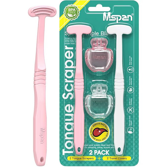 Mspan Tongue Scraper Cleaner Brush: Tongue Care Cleaning Scrubber with Plastic Travel Case Cover for Adults kids - Clean Oral Bad Breath Pink White 2 Pack