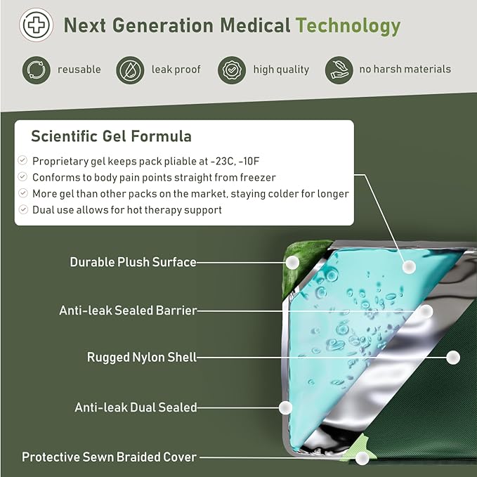 Extra Large Gel Ice Packs for Injuries Reusable - Flexible Gel Ice Packs Reusable, Hip, Shoulder, Back Pain Relief - 14" x 22" - Green-StrideForce Fitness