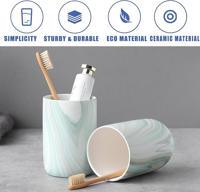 Green Marble Toothbrush Holders - Ceramic Toothbrush Holders for Bathrooms, Toothbrush Toothpaste Holders, Marble Bathroom Tumbler Cups Reusable Toothbrush Mouthwash Cup, Bathroom Counter Organizer