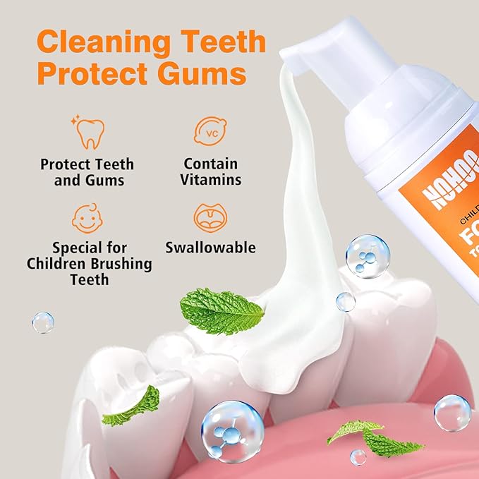 NOHOO Fluoride Free Foam Toothpaste Kids Orange Flavour,Natural Training Toothpaste for Baby Toddler Children Oral Cleaning and Cavity Protection(2 Pack)