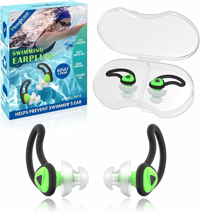 Hearprotek [2 Pairs] Ear Plugs for Swimming,Swim Ear Plugs Adults-Waterproof Silicone Water earplugs for Men Women Juniors Swimmers Pool Shower Bathing (Green)-StrideForce Fitness