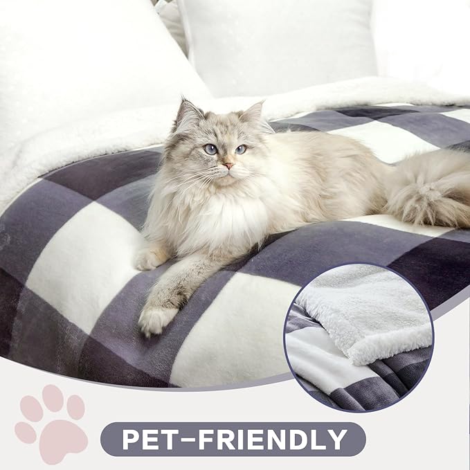 PU MEI Sherpa Blanket Fleece Throw Blanket Full Queen Plaid Thick Bed Blanket, Soft Warm Cozy Dark Grey Checkered Throw Blanket 80"*90"-StrideForce Fitness