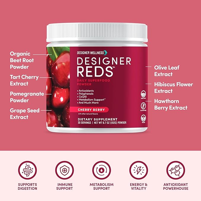 Designer Wellness, Designer Reds, Daily Superfood Powder with Beet Root, Support for Energy, Stress, Immune Health, Heart Health, and Digestive Health, Cherry Berry, 30 Servings-StrideForce Fitness