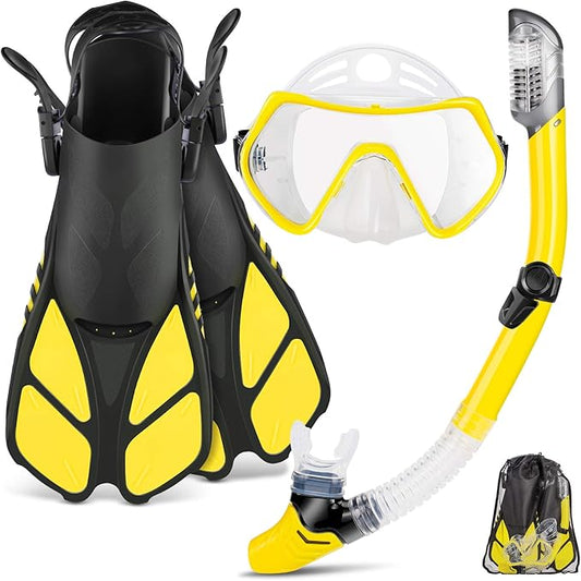 ZEEPORTE Mask Fin Snorkel Set, Travel Size Snorkeling Gear for Adults with Panoramic View Anti-Fog Mask, Trek Fins, Dry Top Snorkel and Gear Bag for Swimming Training, Snorkeling Kit Diving Packages-StrideForce Fitness