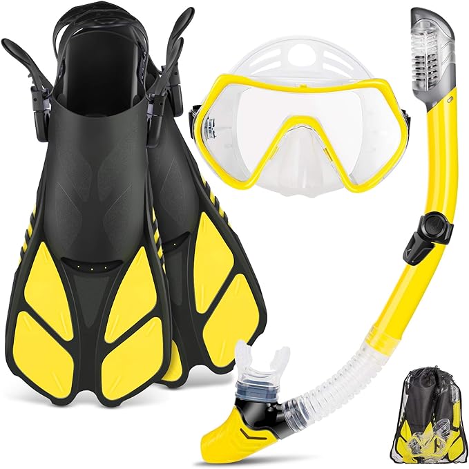 ZEEPORTE Mask Fin Snorkel Set, Travel Size Snorkeling Gear for Adults with Panoramic View Anti-Fog Mask, Trek Fins, Dry Top Snorkel and Gear Bag for Swimming Training, Snorkeling Kit Diving Packages-StrideForce Fitness