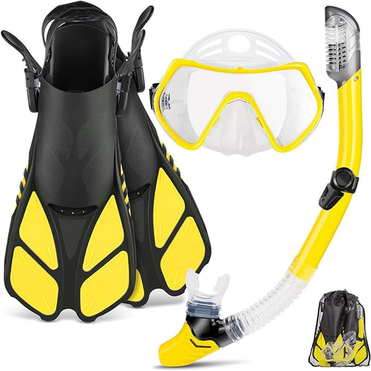 ZEEPORTE Mask Fin Snorkel Set, Travel Size Snorkeling Gear for Adults with Panoramic View Anti-Fog Mask, Trek Fins, Dry Top Snorkel and Gear Bag for Swimming Training, Snorkeling Kit Diving Packages-StrideForce Fitness