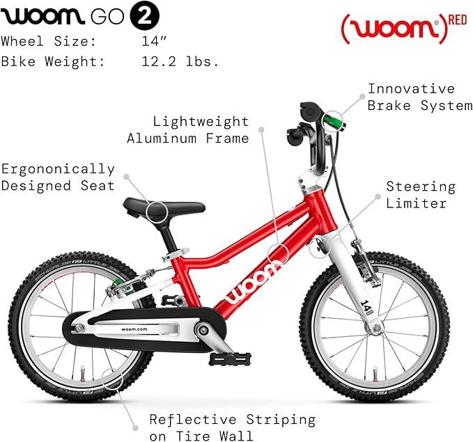 woom GO 2 Bicycle for Children 3 to 4.5 Years Old, 14-Inch Lightweight Bike with Handbrake, Steering Limiter & Chainguard for Boys & Girls - Red-StrideForce Fitness
