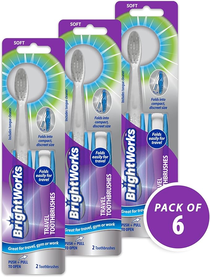 BrightWorks Folding Travel Toothbrush (6 Total, 3 Sets of 2) with Built-in Cover. Portable with Soft Bristles and Tongue Cleaner. for Camping, Hiking, Travel, Work, Gym, Purse, Backpack.