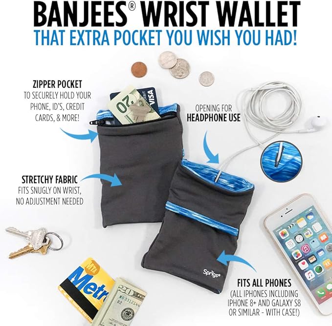 Sprigs Banjees 2 Pocket Wrist Wallet/Wrist Band/Wrist Pocket for Travel, Walking, & Running. Wallet Pouch That Holds Cash, Card, ID's, and More-StrideForce Fitness