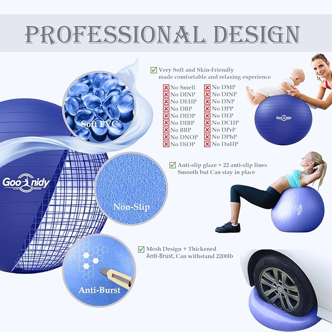 Soft Exercise ball, Anti-Burst Yoga Ball Chair Supports 2200lbs, Workout Equipment w/ Pump for Women Pregnancy, Medicine, Birthing, Physical Therapy, Stability, Excersing, Birth, Swiss, Fitness, Gym-StrideForce Fitness