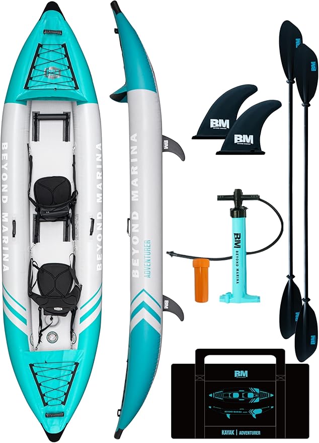 Inflatable Kayak 2 Person Adult - BEYOND MARINA Tandem Kayak with Drop Stitch Floor, Touring Kayak with Aluminum Paddles, Seats, Footrests, Pump, Fins, Adventurer 12.5ft-StrideForce Fitness