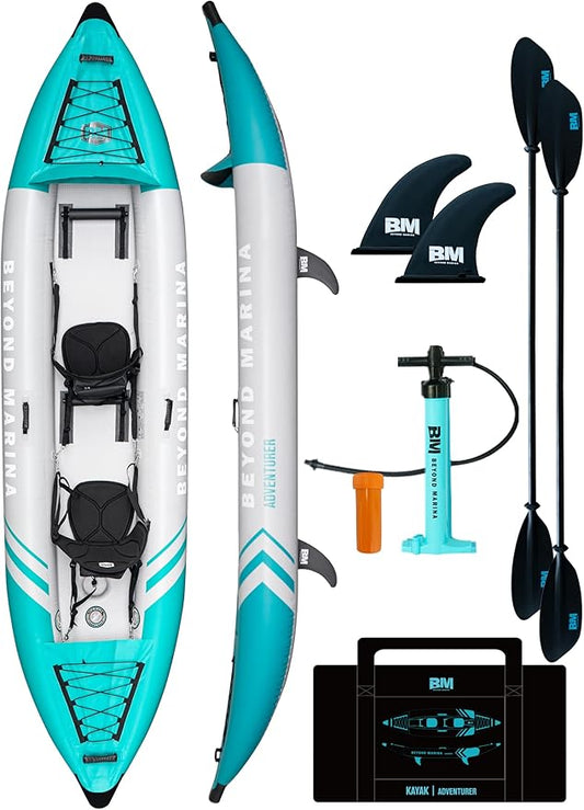 Inflatable Kayak 2 Person Adult - BEYOND MARINA Tandem Kayak with Drop Stitch Floor, Touring Kayak with Aluminum Paddles, Seats, Footrests, Pump, Fins, Adventurer 12.5ft-StrideForce Fitness